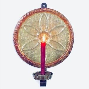 Rustic Bronze Metal Hanging 16" Pot Lid Wall Sconce & Taper Candles NEW